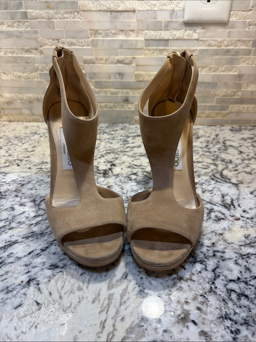 Jimmy Choo Taupe Suede T-Strap Peep-Toe Stiletto - Picture 3 of 4